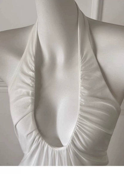 White Halter Deep V Backless Maxi Dress, Formal Evening Dress F0484