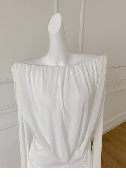 White Off Shoulder Long Sleeve Ruched Evening Dress F0458