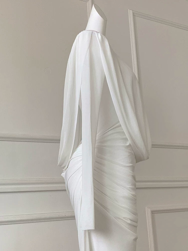 White Off Shoulder Long Sleeve Ruched Evening Dress F0458