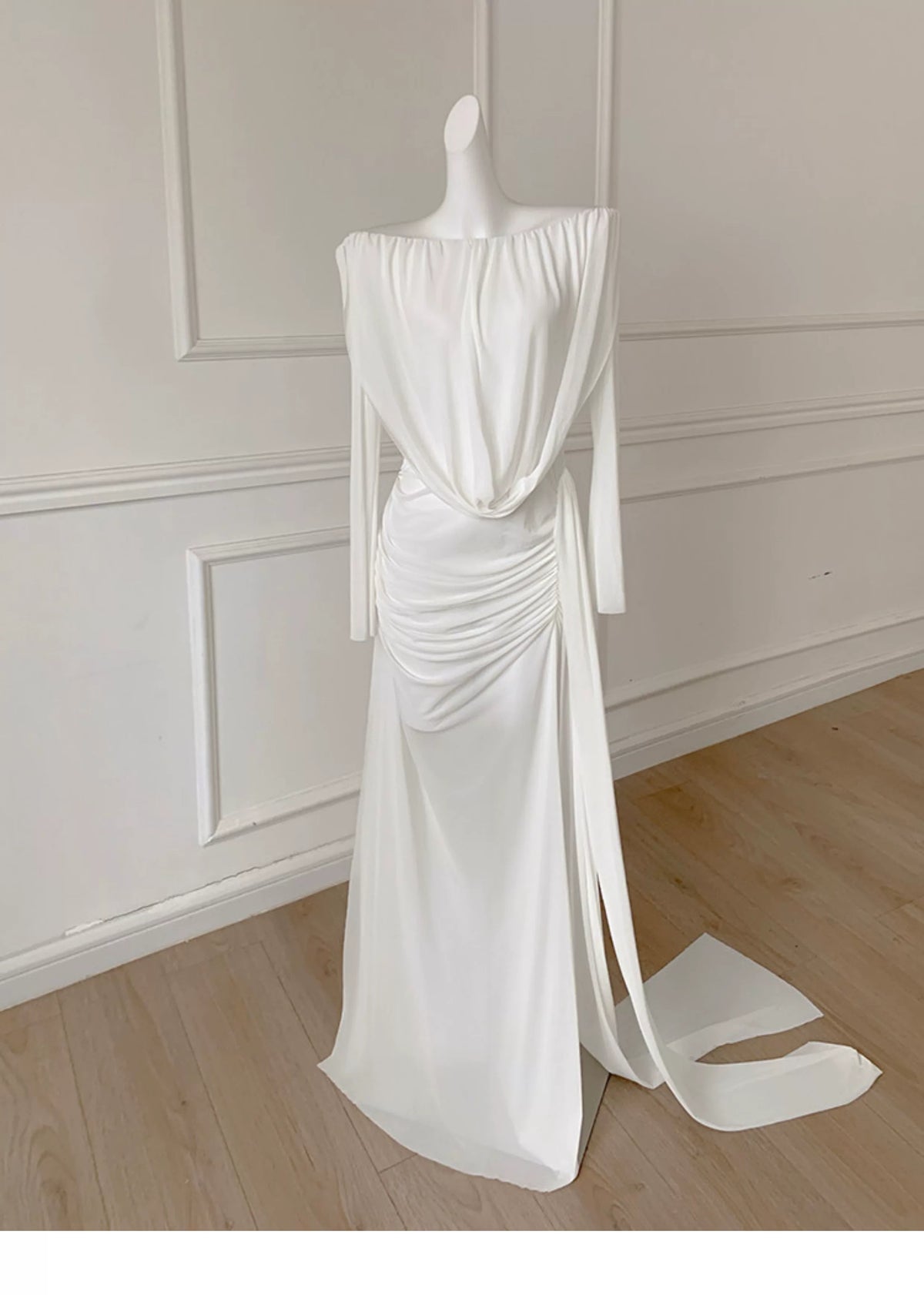 White Off Shoulder Long Sleeve Ruched Evening Dress F0458