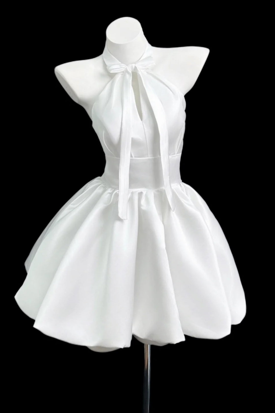White Satin Halter Short Dress With Front Bow & Keyhole Neck F0364