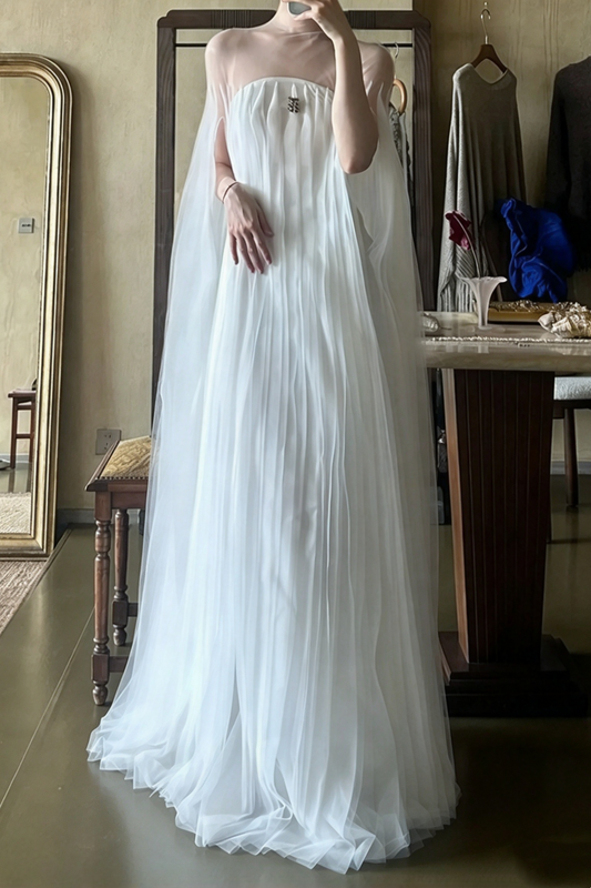 White Sheer Mesh Pleated Tulle Loose Evening Dress F0526