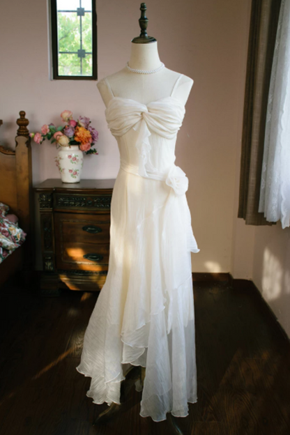 White Spaghetti Strap Chiffon Dress with Twist Bust & 3D Flower L034