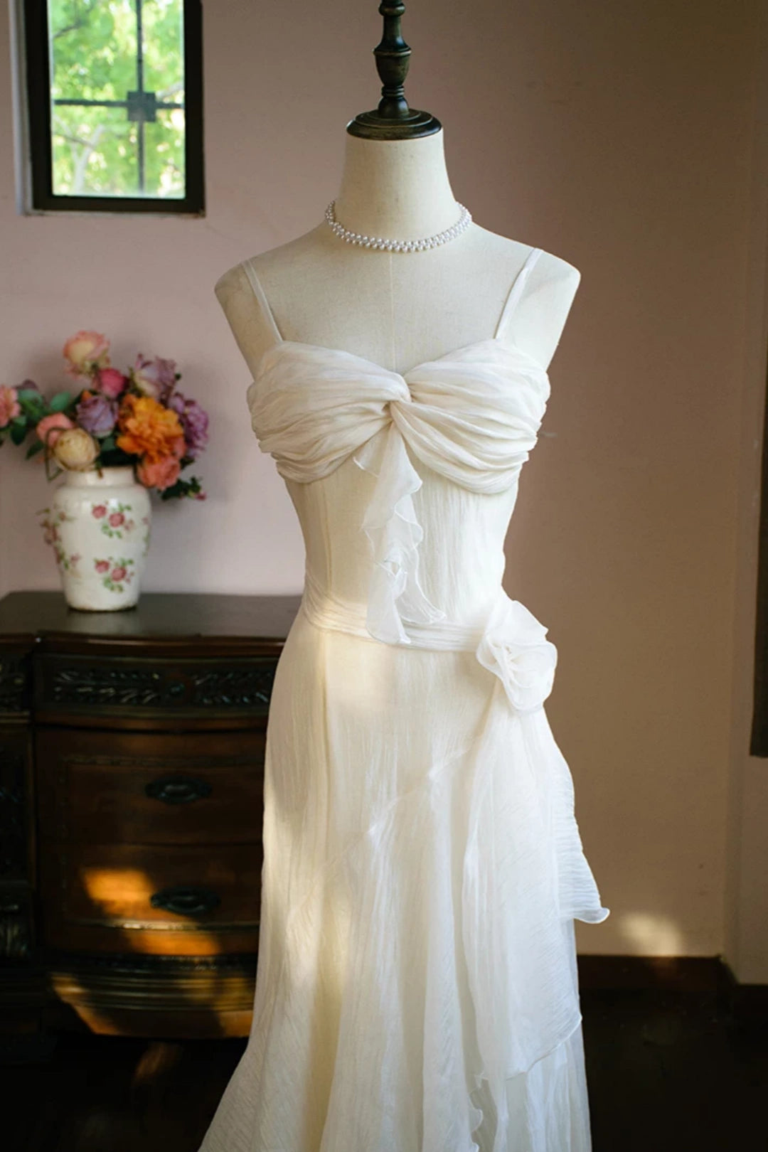 White Spaghetti Strap Chiffon Dress with Twist Bust & 3D Flower L034