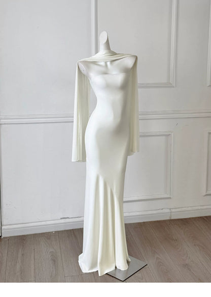 White Strapless Mermaid Evening Gown With Detachable Cape F0466