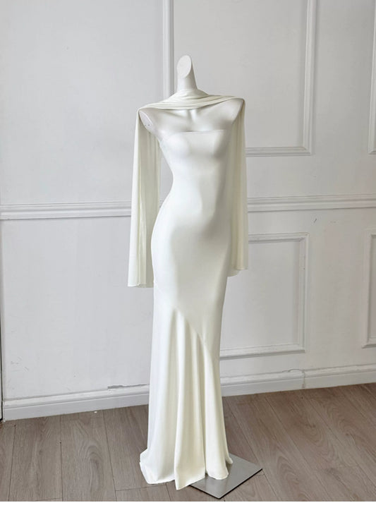 White Strapless Mermaid Evening Gown With Detachable Cape F0466