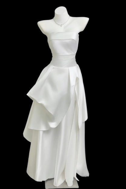 White Strapless Satin A-line Formal Dress F0335