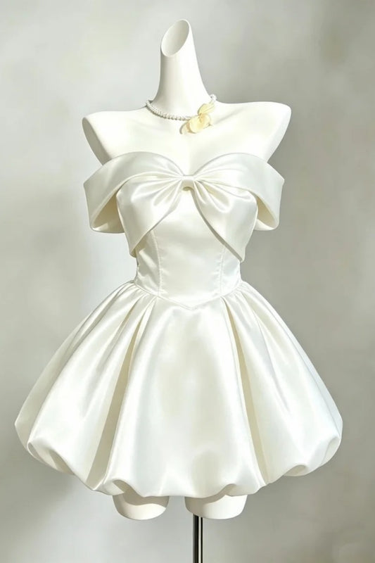 Satin Bow Off Shoulder Mini Dress, Ivory Homecoming Dress