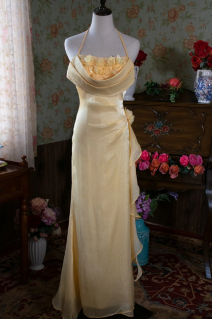 Yellow Halter Mermaid Formal Dress with 3D Flowers L029
