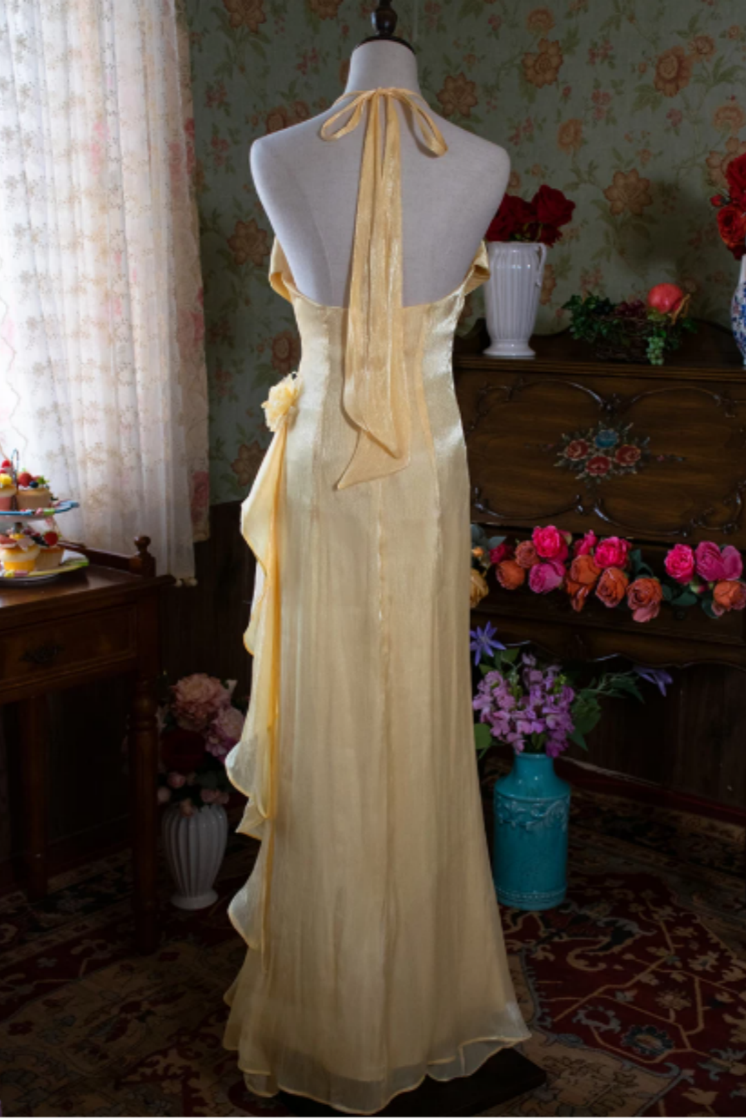 Yellow Halter Mermaid Formal Dress with 3D Flowers L029