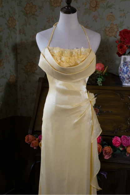Yellow Halter Mermaid Formal Dress with 3D Flowers L029