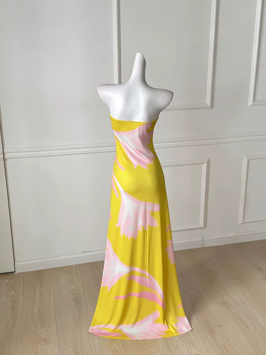 Yellow Pink Floral Strapless Vacation Beach Maxi Dress F0491