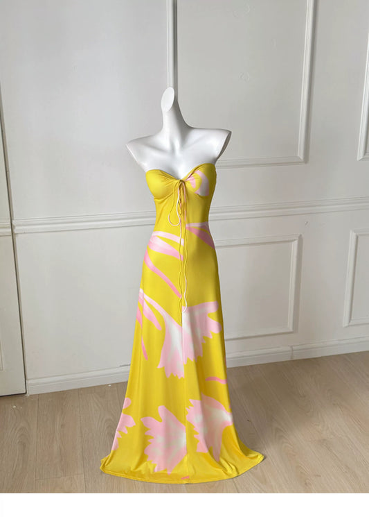 Yellow Pink Floral Strapless Vacation Beach Maxi Dress F0491