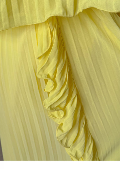Yellow Pleated Strapless Maxi Dress F0479
