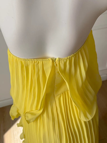 Yellow Pleated Strapless Maxi Dress F0479
