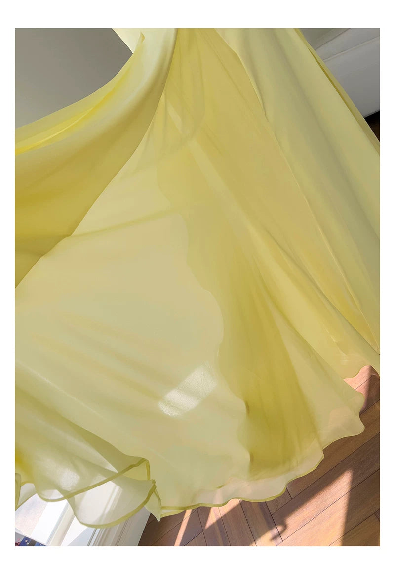 Yellow Spaghetti Strap Chiffon Maxi Dress, Bridesmaid Evening Gown  F0431