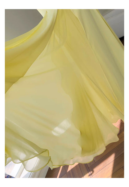 Yellow Spaghetti Strap Chiffon Maxi Dress, Bridesmaid Evening Gown  F0431