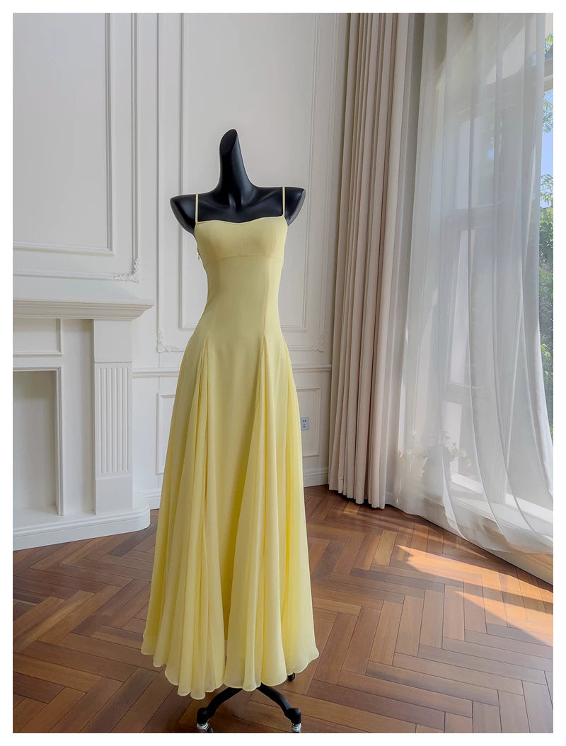 Yellow Spaghetti Strap Chiffon Maxi Dress, Bridesmaid Evening Gown  F0431
