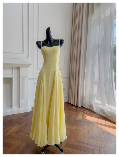 Yellow Spaghetti Strap Chiffon Maxi Dress, Bridesmaid Evening Gown  F0431