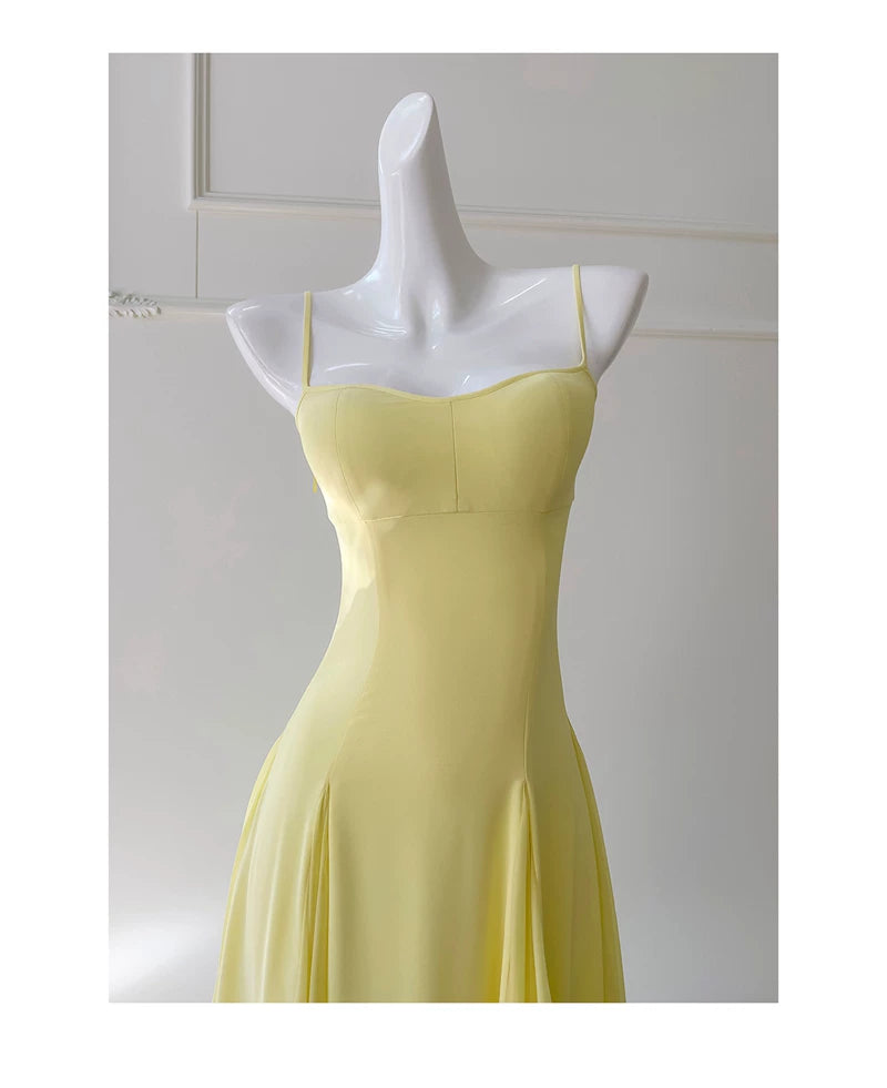 Yellow Spaghetti Strap Chiffon Maxi Dress, Bridesmaid Evening Gown  F0431
