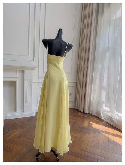 Yellow Spaghetti Strap Chiffon Maxi Dress, Bridesmaid Evening Gown  F0431