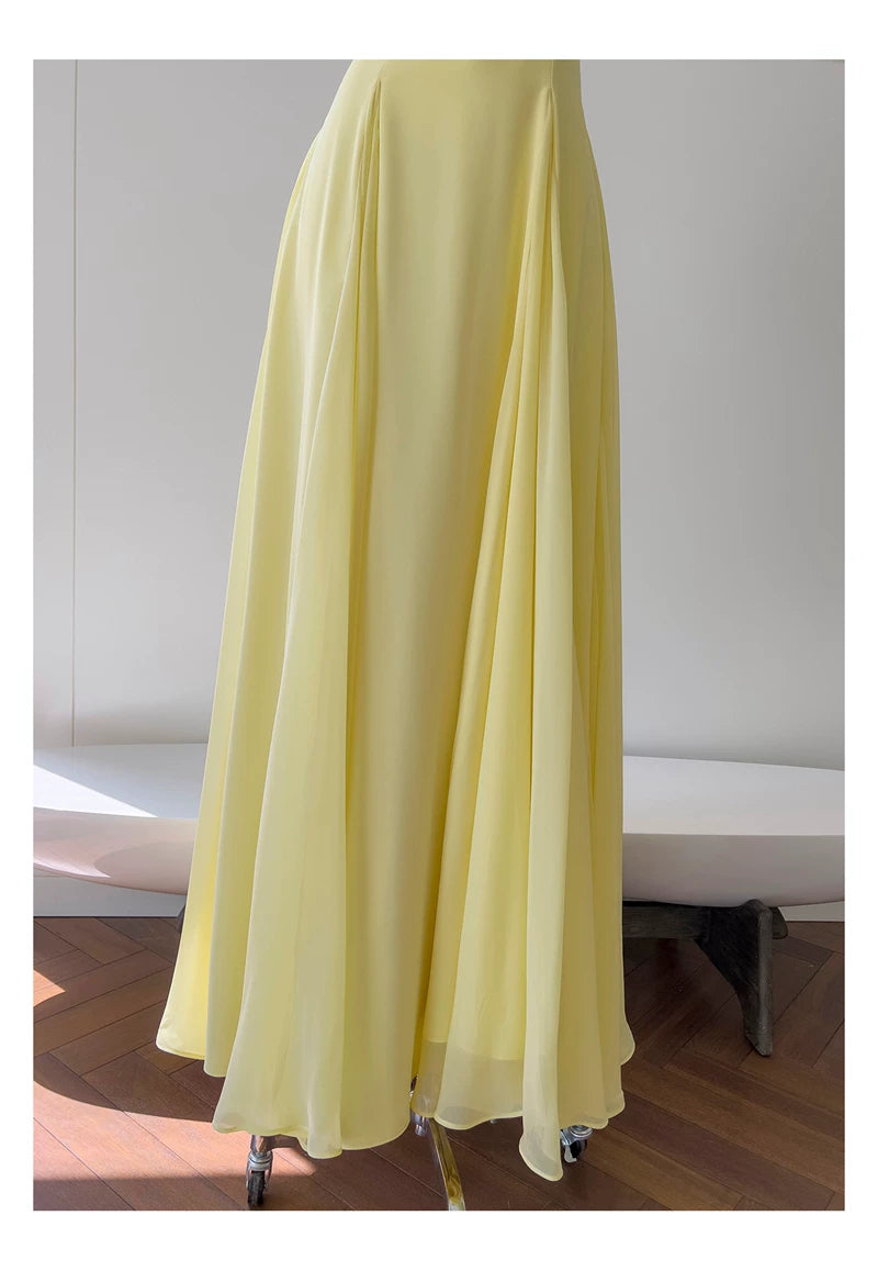 Yellow Spaghetti Strap Chiffon Maxi Dress, Bridesmaid Evening Gown  F0431