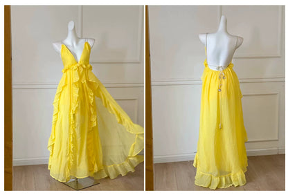 Yellow Spaghetti Strap Ruffle Flowy Maxi Dress F0473