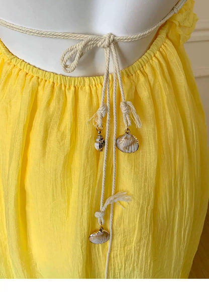 Yellow Spaghetti Strap Ruffle Flowy Maxi Dress F0473
