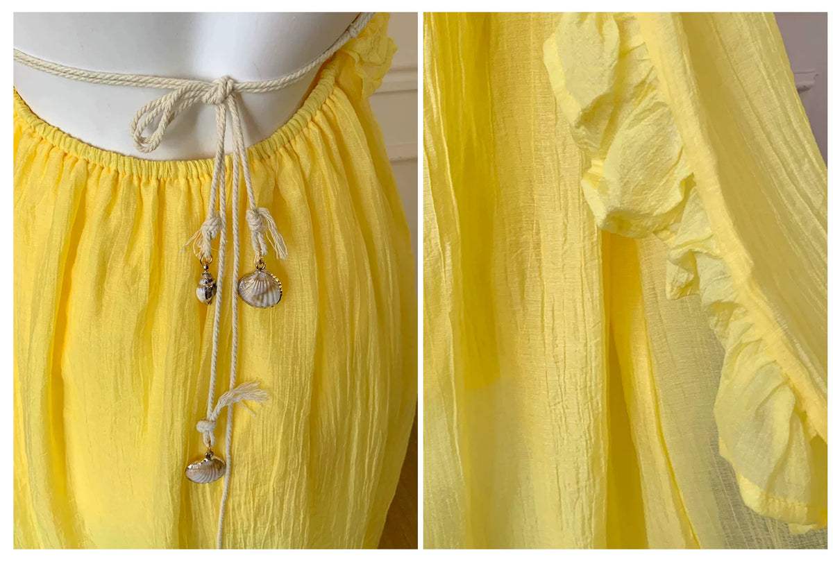 Yellow Spaghetti Strap Ruffle Flowy Maxi Dress F0473