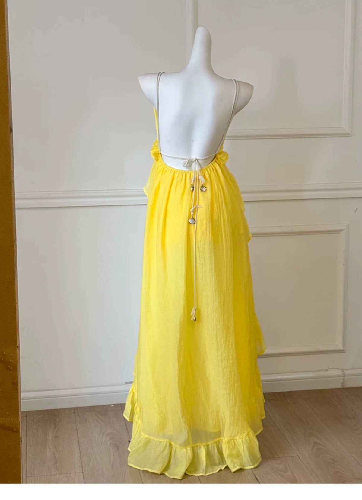 Yellow Spaghetti Strap Ruffle Flowy Maxi Dress F0473