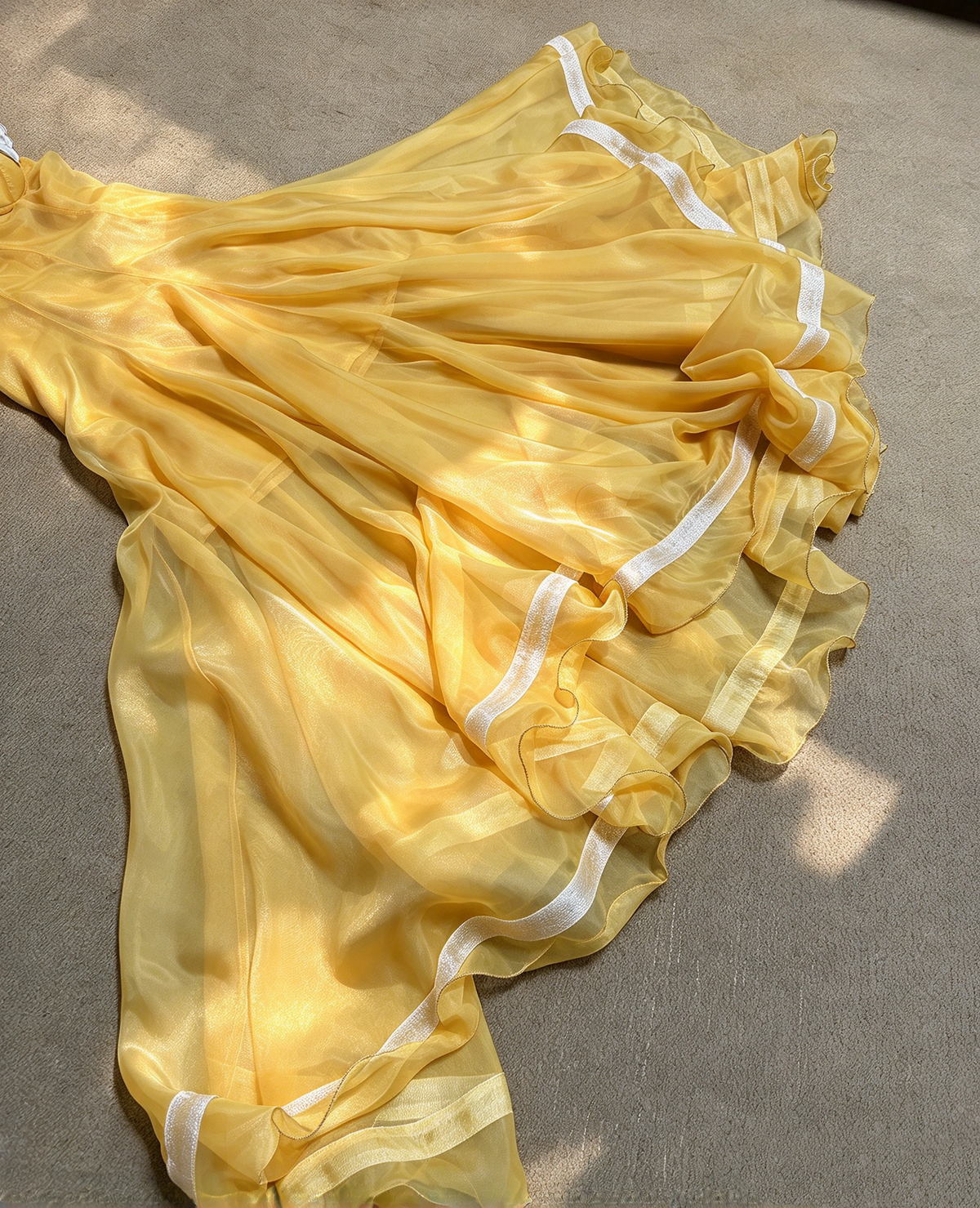 Yellow Strapless Chiffon Gown with White Trim & Full Skirt L038