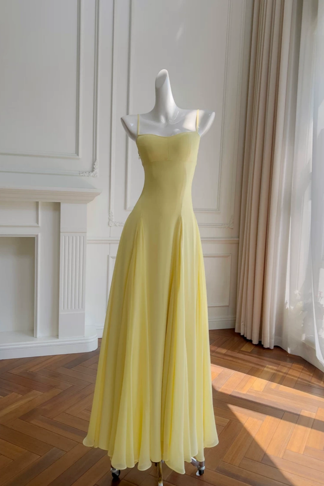 Yellow Spaghetti Strap Chiffon Maxi Dress, Bridesmaid Evening Gown  F0431