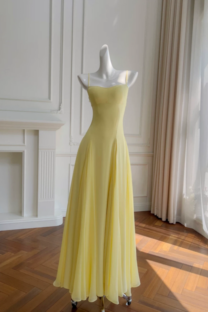 Yellow Spaghetti Strap Chiffon Maxi Dress, Bridesmaid Evening Gown  F0431