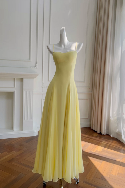 Yellow Spaghetti Strap Chiffon Maxi Dress, Bridesmaid Evening Gown  F0431
