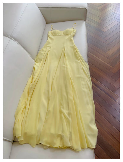 Yellow Spaghetti Strap Chiffon Maxi Dress, Bridesmaid Evening Gown  F0431