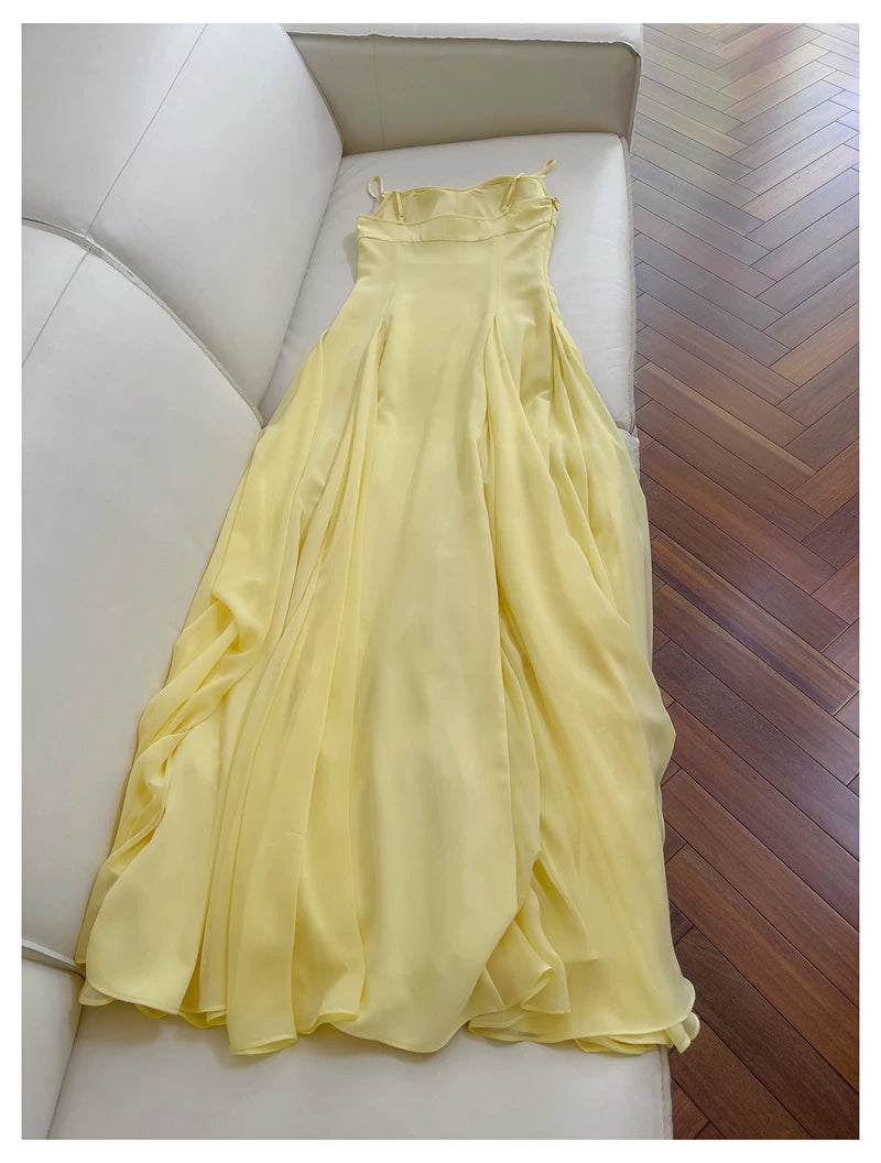 Yellow Spaghetti Strap Chiffon Maxi Dress, Bridesmaid Evening Gown  F0431
