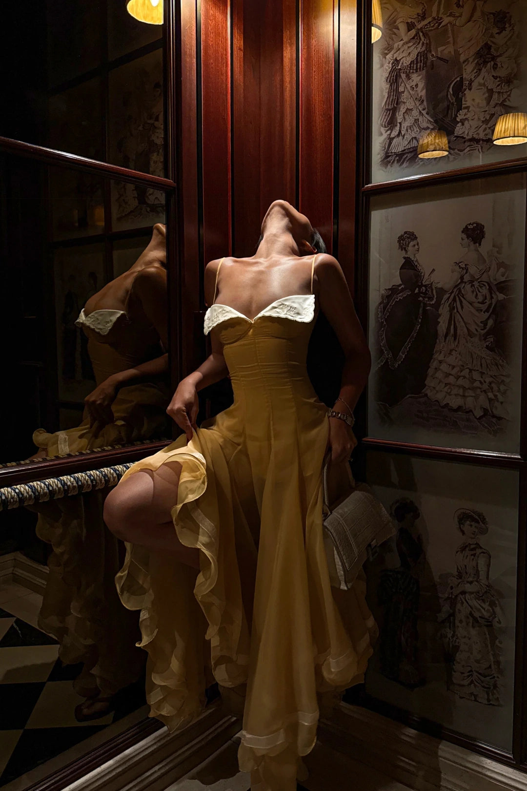 Yellow Strapless Chiffon Gown with White Trim & Full Skirt L038