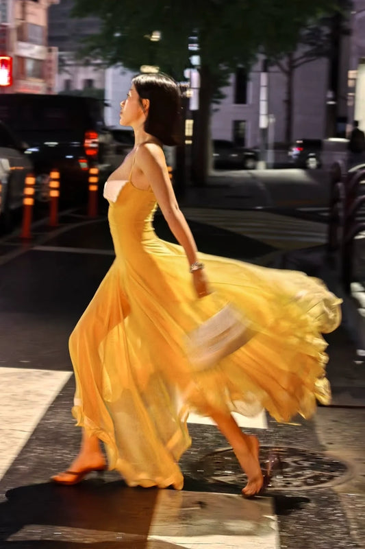 Yellow Strapless Chiffon Gown with White Trim & Full Skirt L038