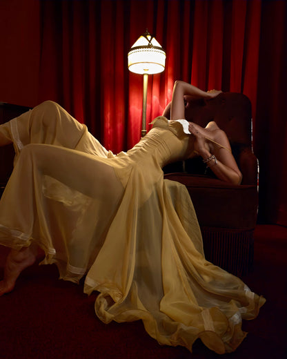 Yellow Strapless Chiffon Gown with White Trim & Full Skirt L038