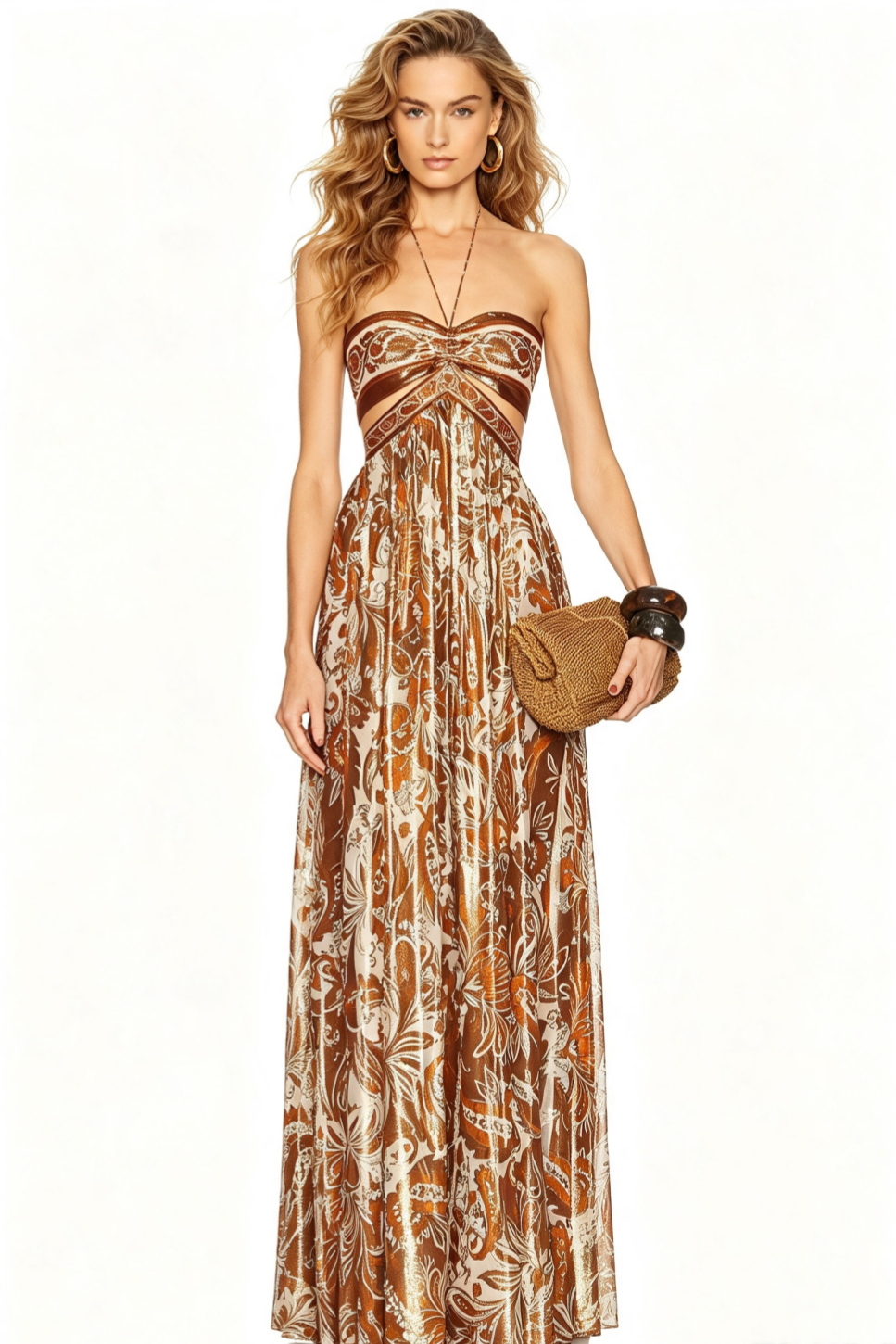 Bohemian Vintage Paisley Gold Foil Print Strapless Cutout Maxi Dress Convertible Halter Chiffon Flowy Long Dress For Holiday Beach Vacation F066