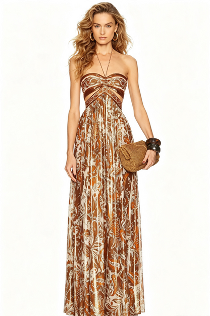 Bohemian Vintage Paisley Gold Foil Print Strapless Cutout Maxi Dress Convertible Halter Chiffon Flowy Long Dress For Holiday Beach Vacation F066
