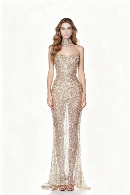 Luxury Strapless Sequin Mermaid Evening Gown Fitted Long Dinner Party Dress F065
