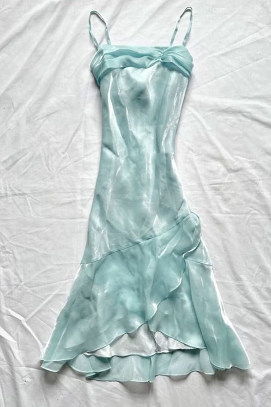 Light Cyan Spaghetti Strap Dress Twist Bust Ruffle Hem Homecoming Party Midi Gown F0156