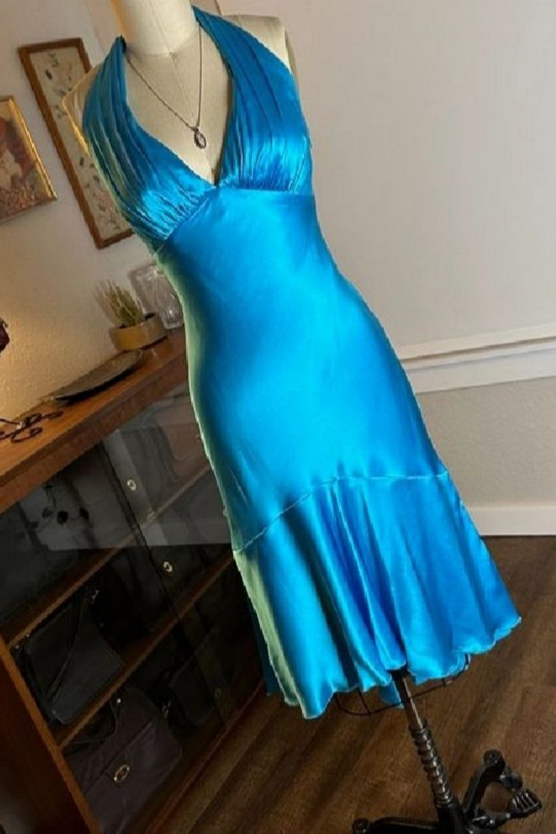 Turquoise Satin Halter Midi Dress Deep V‑Neck Ruffle Flounce Hem F0168