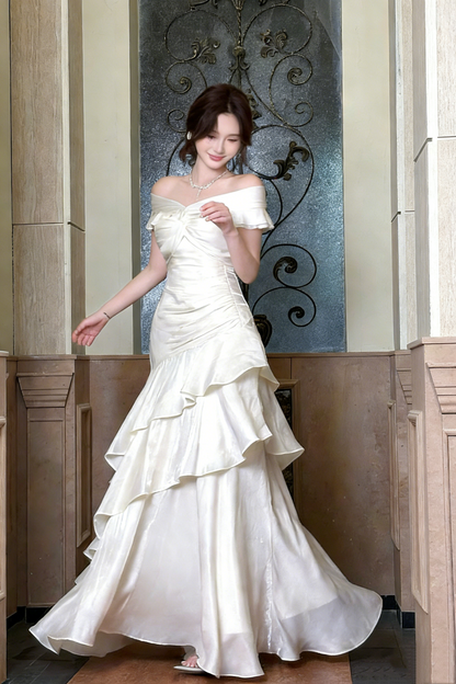 White Long Off-The-Shoulder Prom Dress With Ruffle Details. FD03