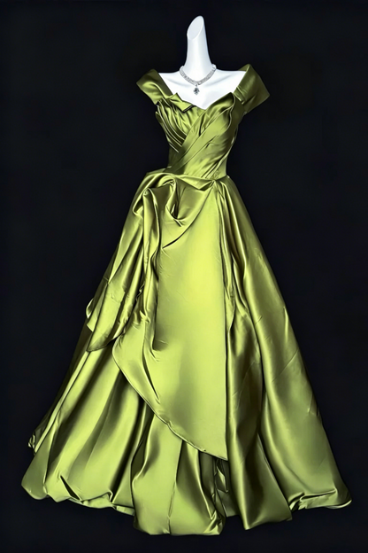 Olive Green Satin Off the Shoulder Gown Crossed Pleated Waist Lace Up Back A Line dress For Wedding Evening Prom  Floral034