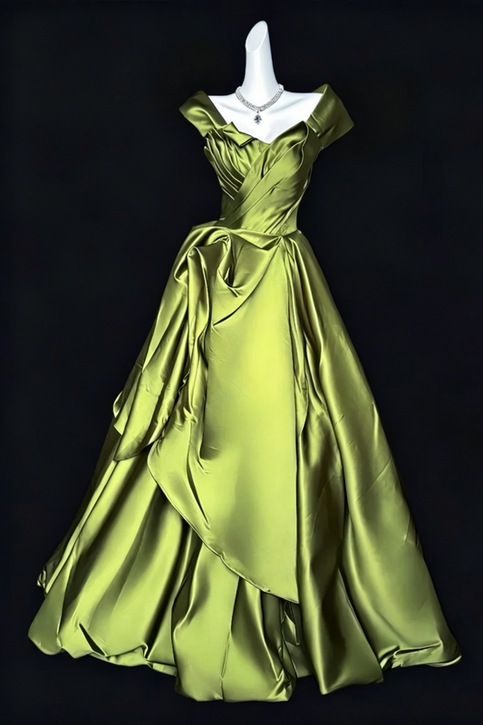 Olive Green Satin Off the Shoulder Gown Crossed Pleated Waist Lace Up Back A Line dress For Wedding Evening Prom  Floral034