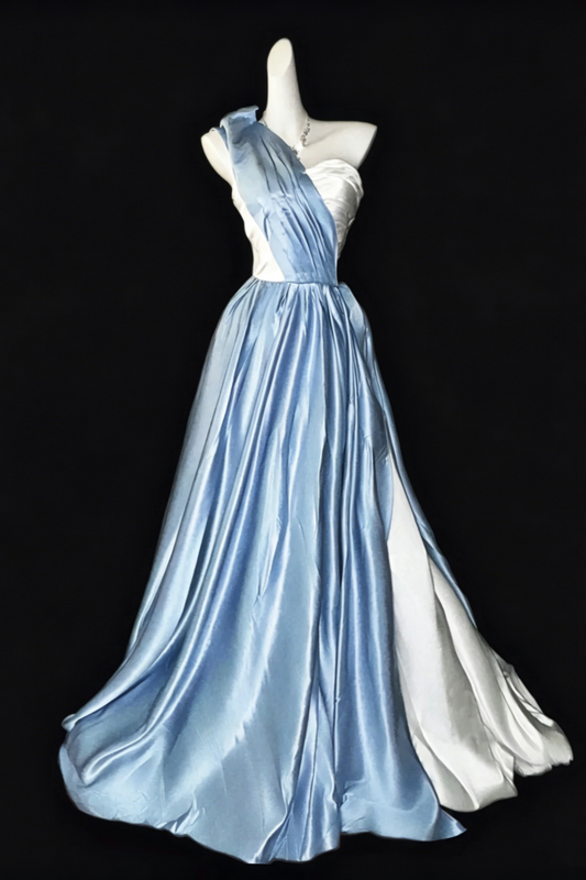 Blue and White Color Block One Shoulder Satin Train Gown Asymmetrical Design Luxury Evening Dress Floral033