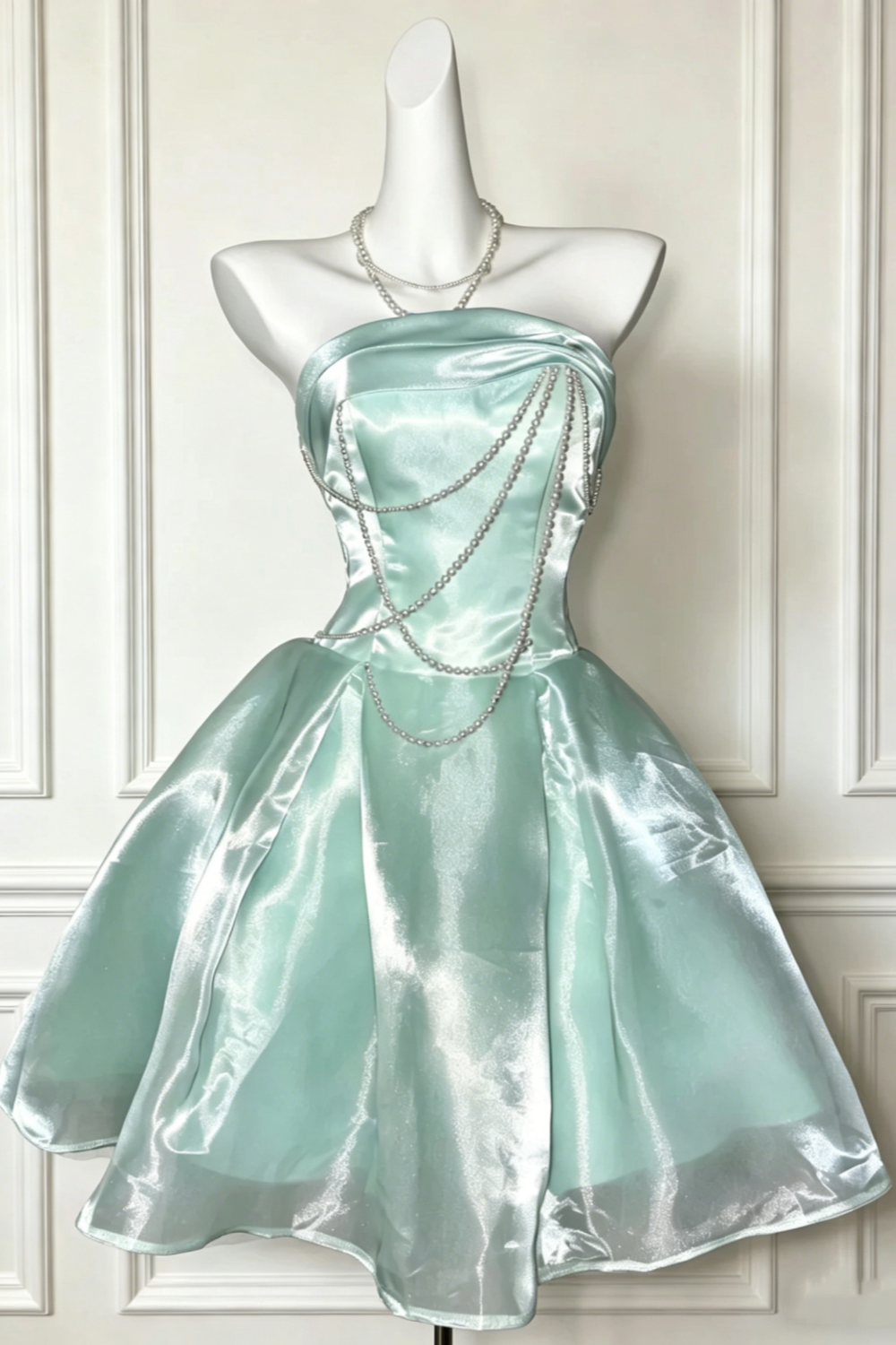 Mint Green Satin Strapless Short Dress  Lace-Up Corset Back A-Line Tulle Graduation dress Party dress  Floral027