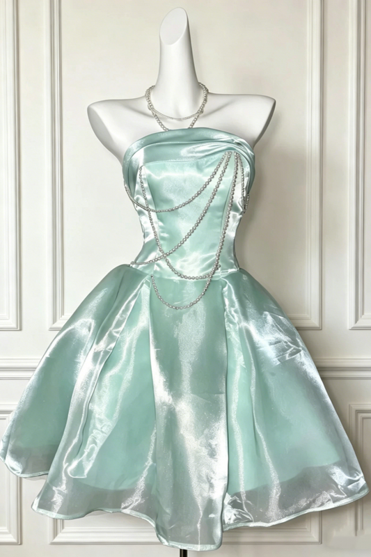 Mint Green Satin Strapless Short Dress  Lace-Up Corset Back A-Line Tulle Graduation dress Party dress  Floral027